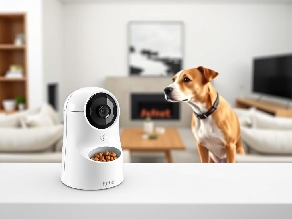 Furbo 360° Haustierkamera mit Leckerli-Ausgabe in einem Wohnzimmer mit Hund
