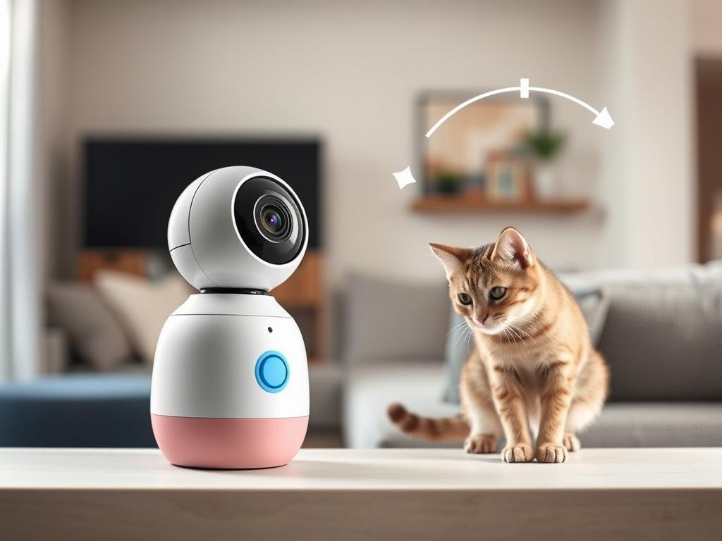 Little elf Haustierkamera mit 360°-Weitwinkel in einem Wohnzimmer mit Katze